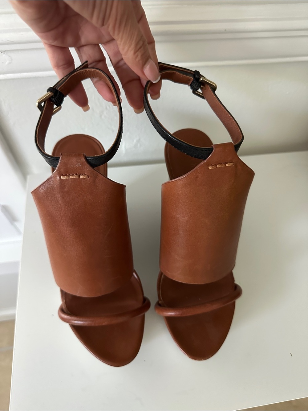 New - Theory Cognac Leather Wedge Sandals with Ankle Strap Sz. 36.5